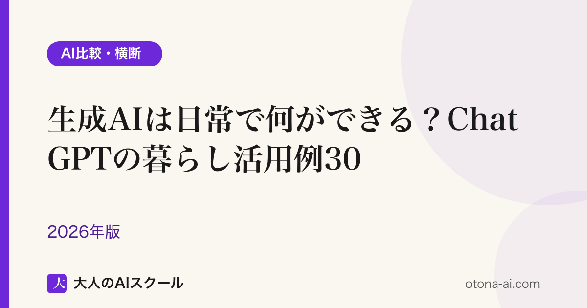 ChatGPTなど生成AIが日常・暮らしでできることを家事・育児・学びの場面別に活用例30個で示した一覧ガイド図